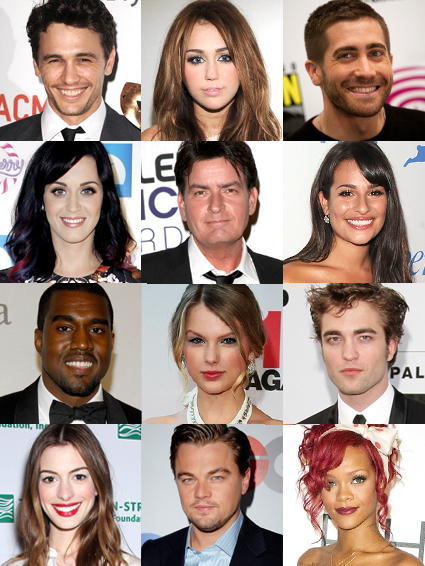 Anne Hathaway, Charlie Sheen, Miley Cyrus, Jake Gyllenhaal, James Franco, Kanye West, Katy Perry, Lea Michele, Leonardo DiCaprio, Rihanna, Robert Pattinson, Taylor Swift Anne Hathaway, Charlie Sheen, Miley Cyrus, Jake Gyllenhaal, James Franco, Kanye West, Katy Perry, Lea Michele, Leonardo DiCaprio, Rihanna, Robert Pattinson, Taylor Swift